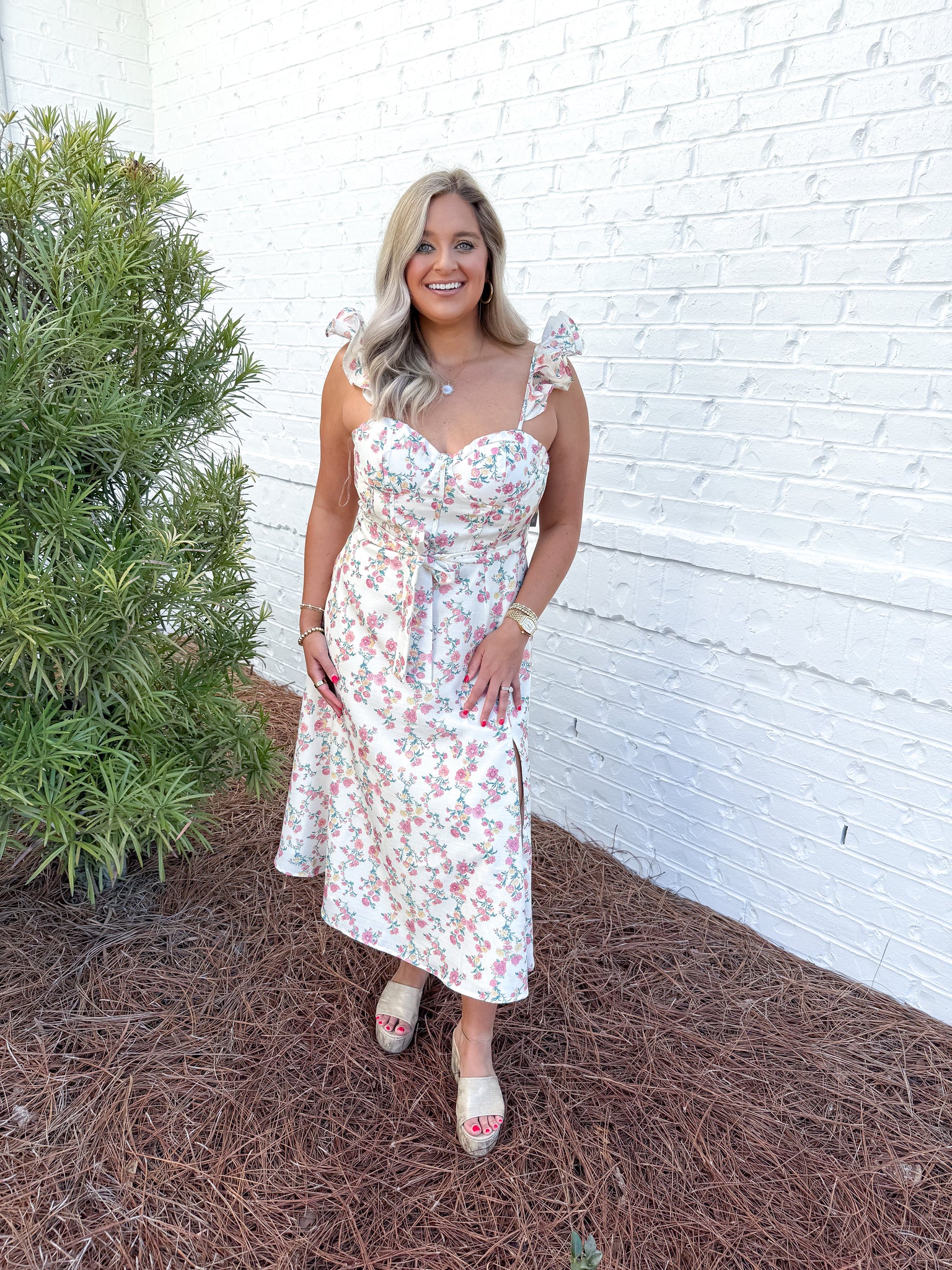 Floral Ruffle Sleeve Midi