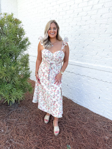 Floral Ruffle Sleeve Midi