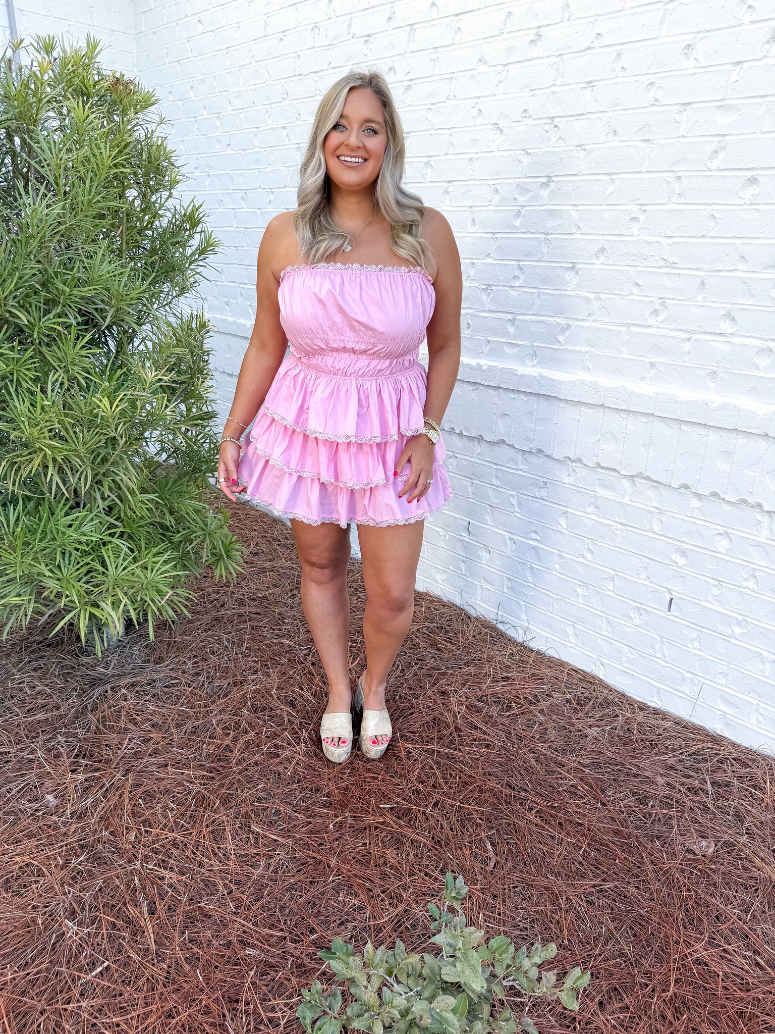 Pink Tiered Romper Dress