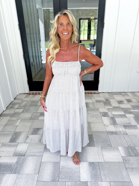 Mocha Striped Shirred Midi