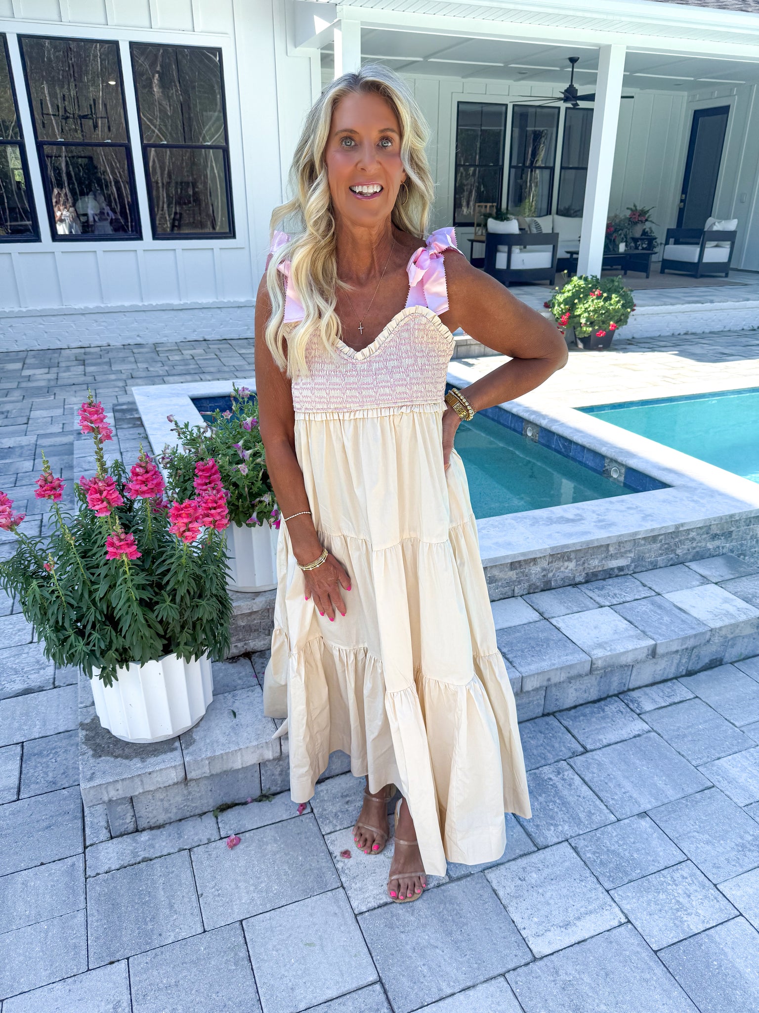 Cream Smocked Midi
