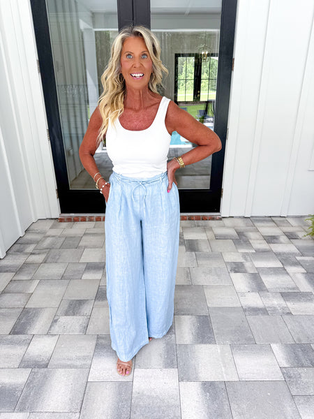 Blue Linen Wide Leg Pants