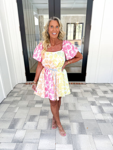 Multi Floral Puff Sleeve Dress