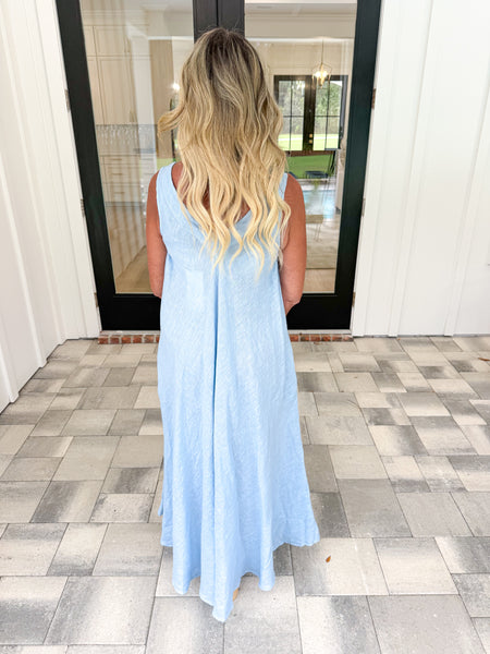 Blue V-Neck Linen Maxi