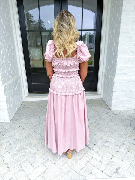 Pink Smocked Tiered Midi