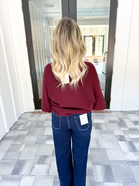 Wine Batwing Sleeve Knit Top