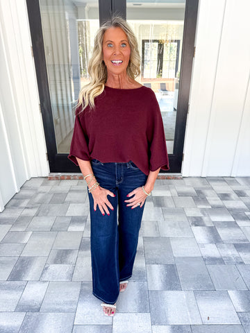 Wine Batwing Sleeve Knit Top