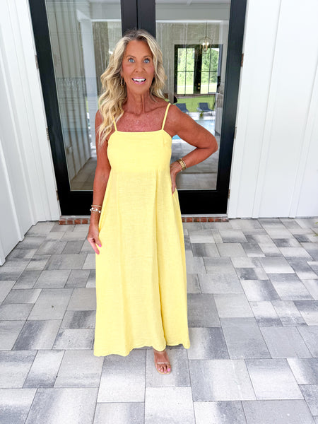 Yellow Linen Square Neck Maxi