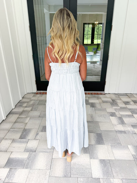 Blue Striped Shirred Midi