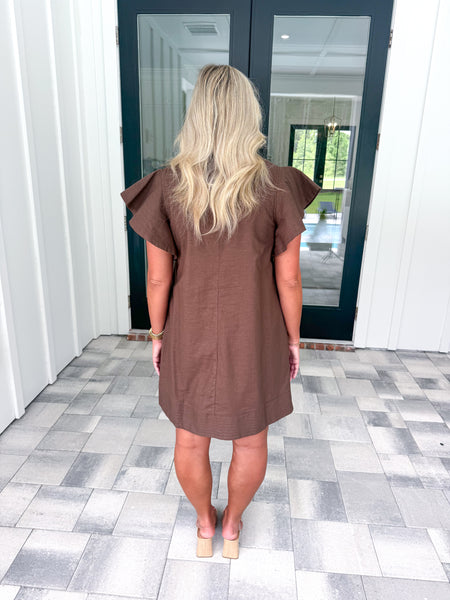 Brown Flutter Sleeve Dress