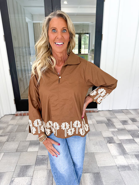 Mocha Embroidered Top