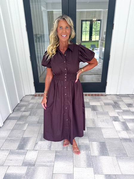 Brown Puff Sleeve Midi