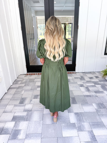Olive Puff Sleeve Midi