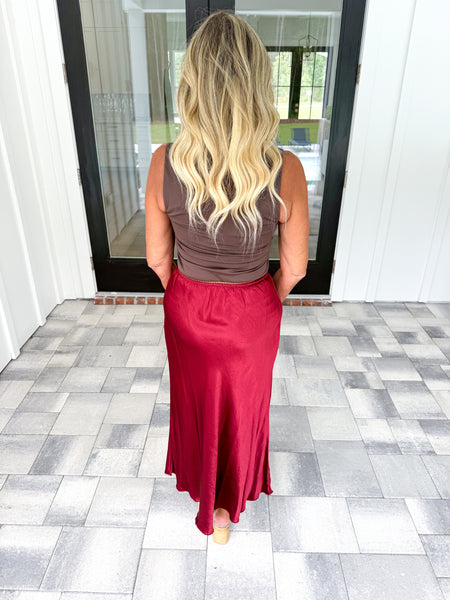 Garnet Satin Midi Skirt