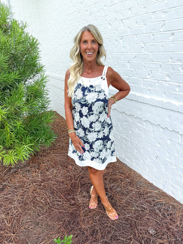 Navy Floral Scallop Dress