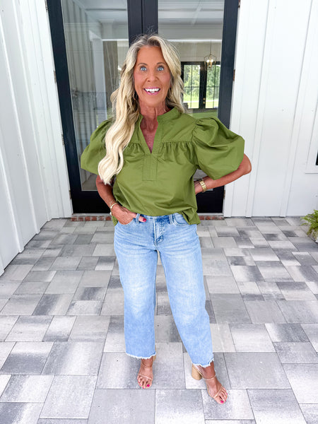 Olive Puff Sleeve Top