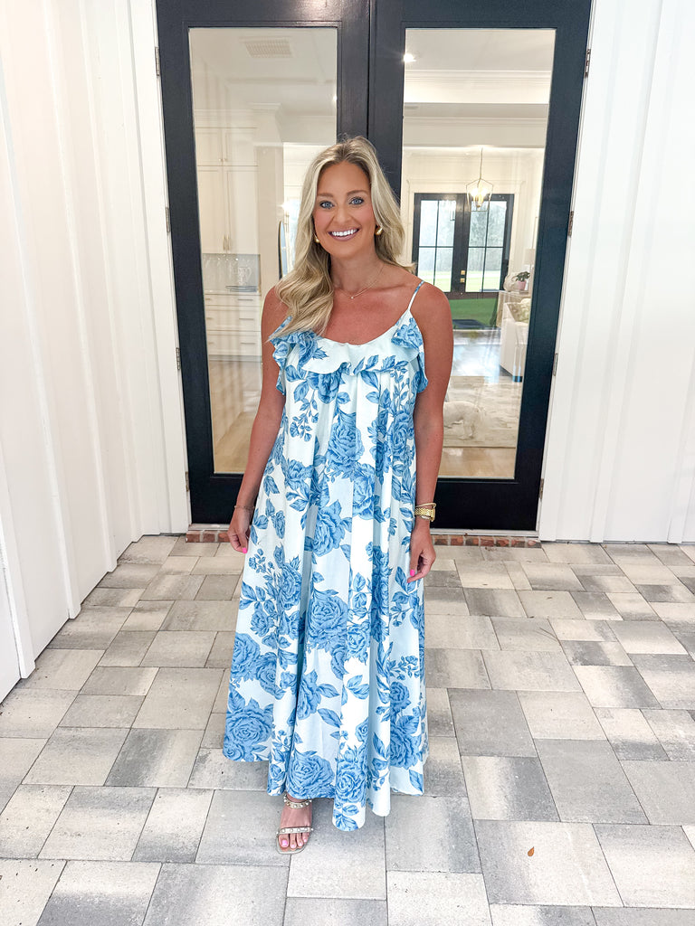 White/Blue Floral Ruffle Maxi – Lobo's Boutique Tally
