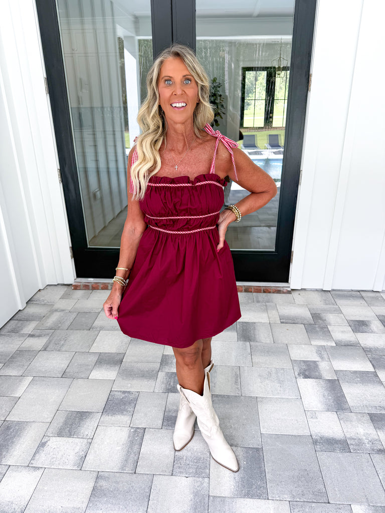 Garnet Gingham Tie Dress Lobo's Boutique Tally Garnet Gingham Tie Dress Lobo's Boutique Tally