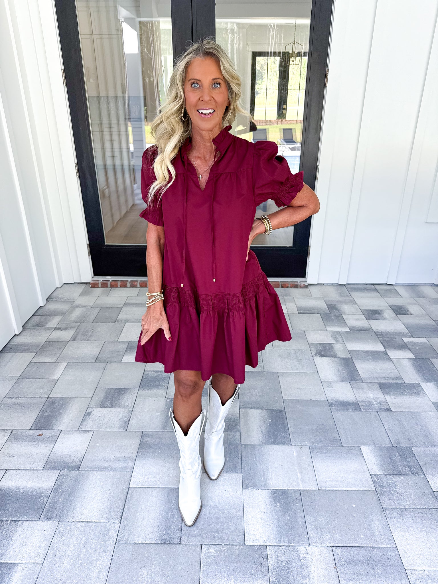 Burgundy Puff Sleeve Dress