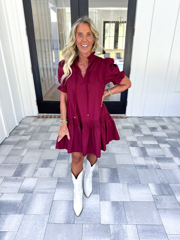 Burgundy Puff Sleeve Dress