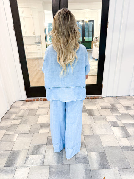 Blue Linen V-Neck Top