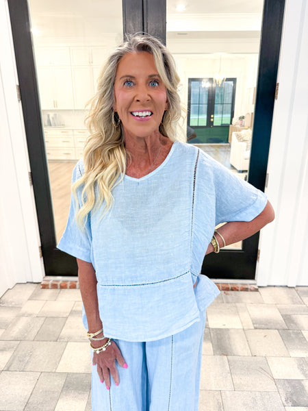 Blue Linen V-Neck Top