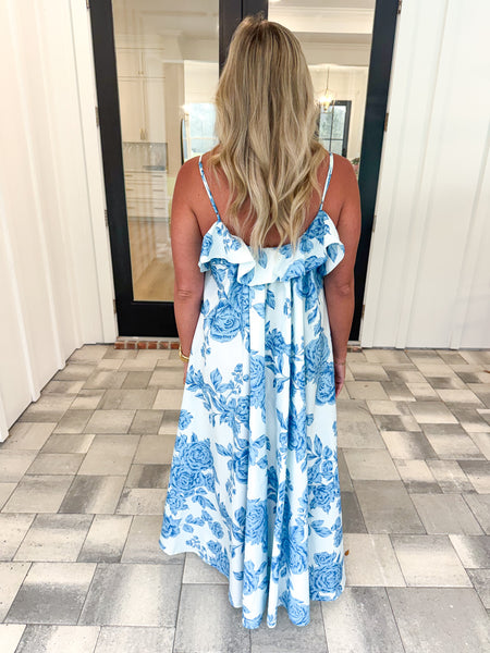 White/Blue Floral Ruffle Maxi