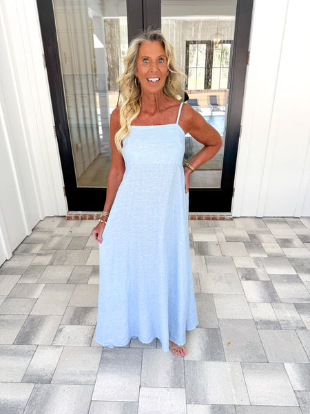 Blue Linen Square Neck Maxi