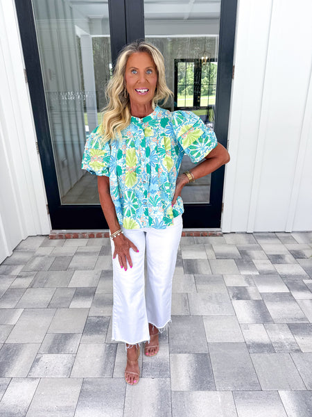 Lime Floral Puff Sleeve Top