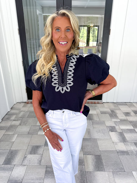 Navy Embroidered Top
