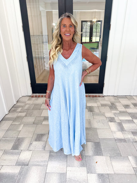 Blue V-Neck Linen Maxi