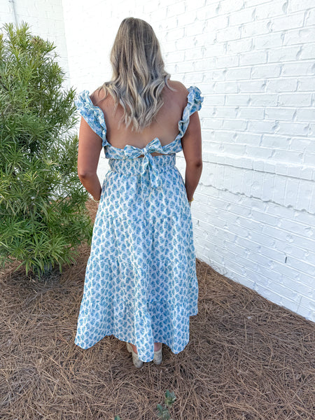 Blue Ruffle Sleeve Maxi