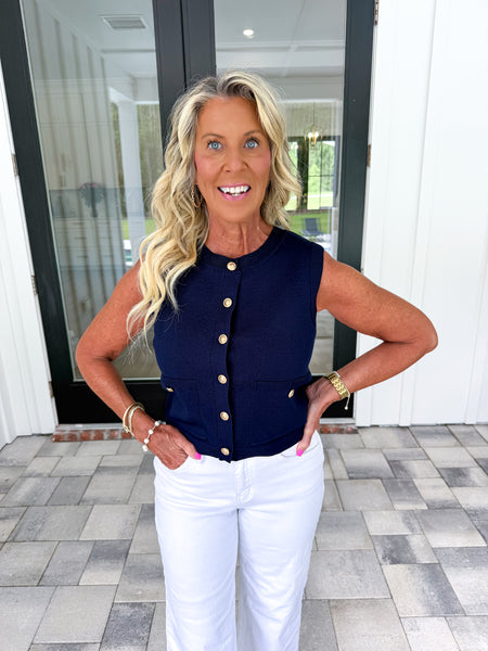 Navy Gold Button Knit