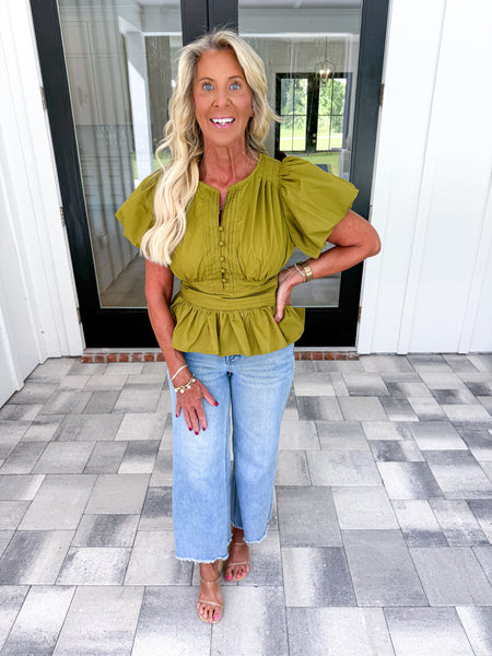Olive Puff Sleeve Top