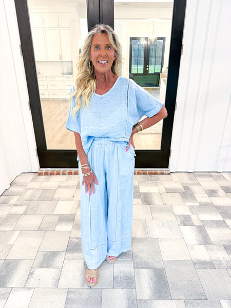 Blue Linen V-Neck Top