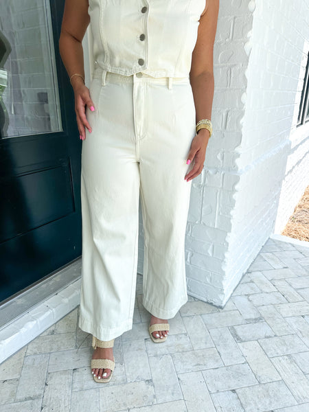 Ecru Washed Denim Crop Pants