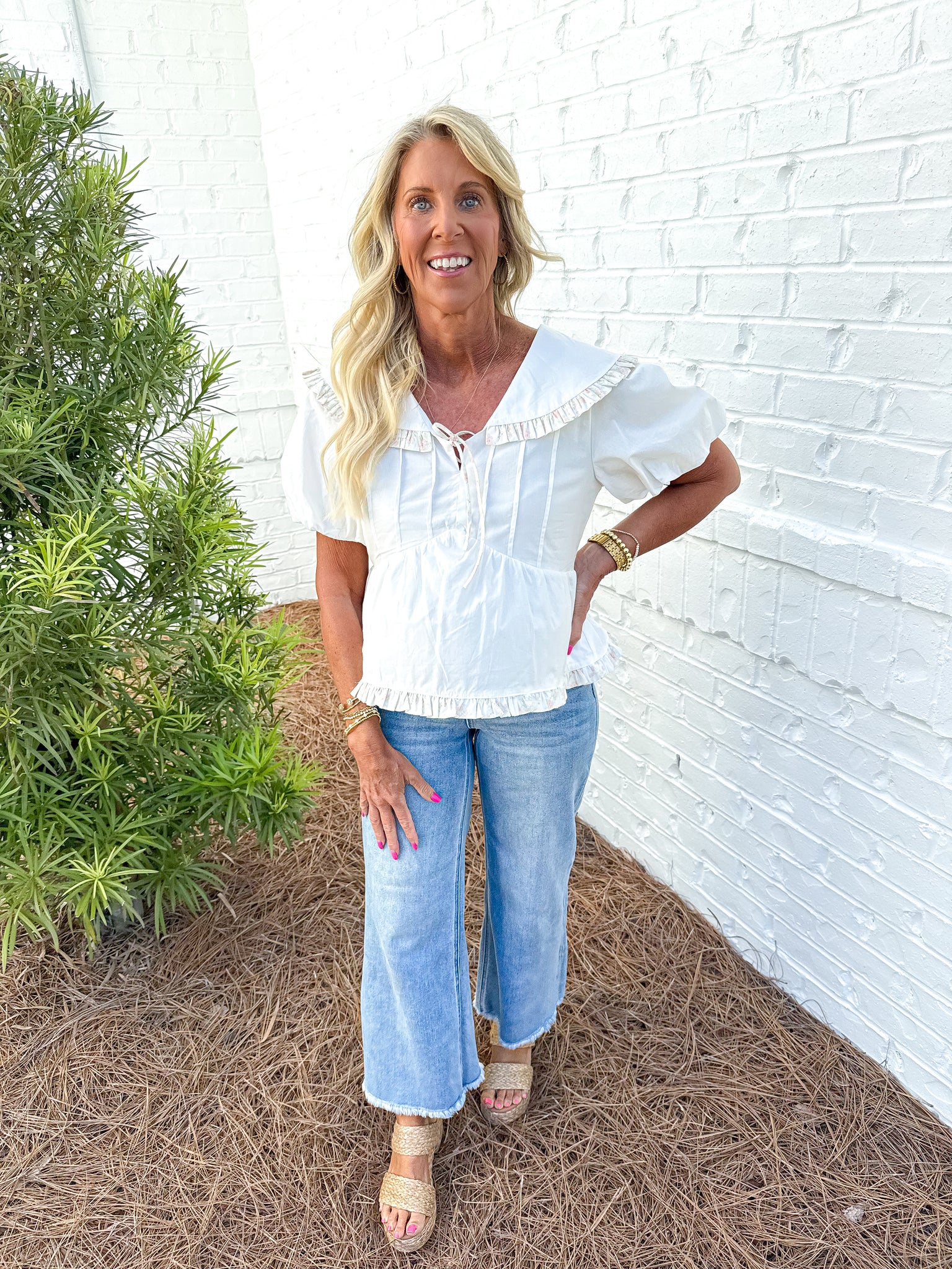 Ivory Floral Trim Top