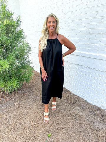 Black Linen Midi Dress