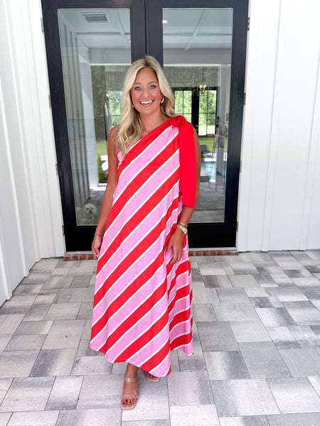 Striped One Shoulder Midi