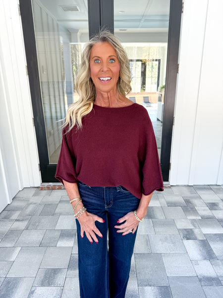 Wine Batwing Sleeve Knit Top