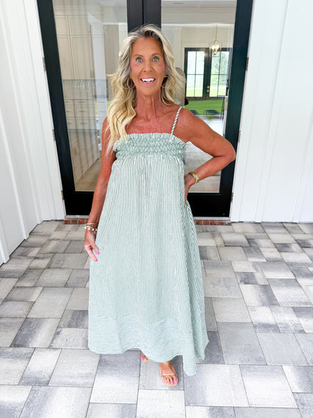 Green Embroidered Striped Maxi
