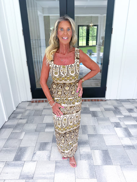 Olive Floral Square Neck Dress