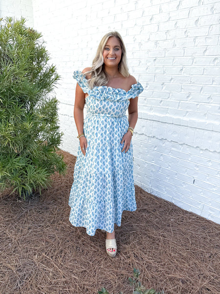 Blue Ruffle Sleeve Maxi