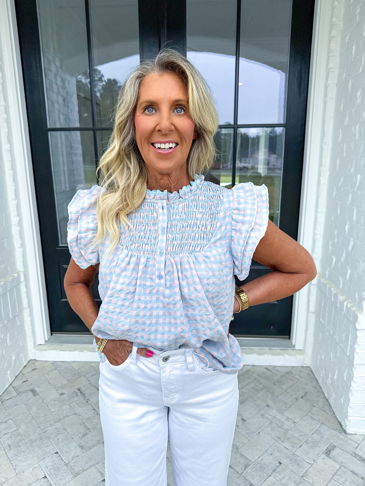 Gingham Flutter Sleeve Top