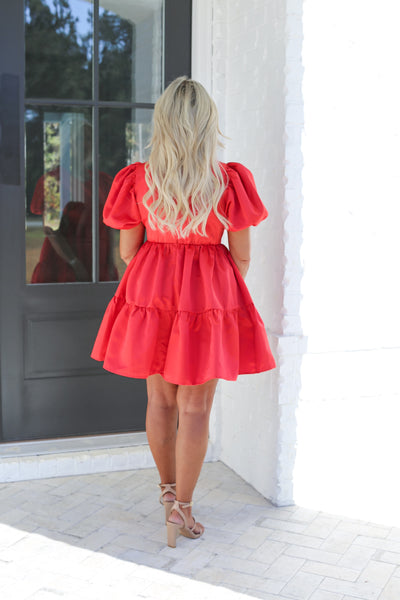 Red Satin Puff Sleeve Dress