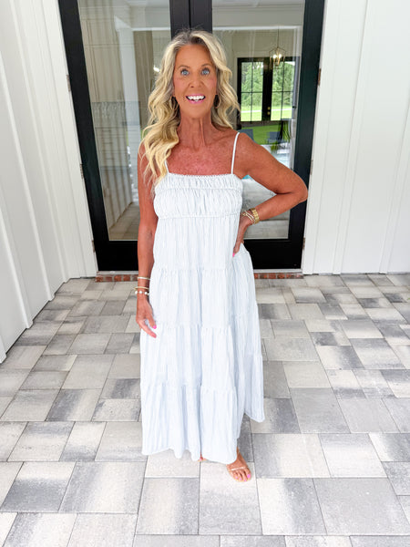 Blue Striped Shirred Midi