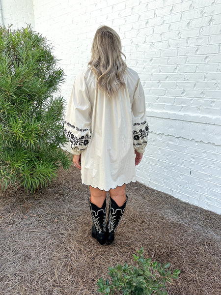Embroidered Peasant Dress Ivory