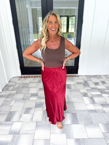 Garnet Satin Midi Skirt