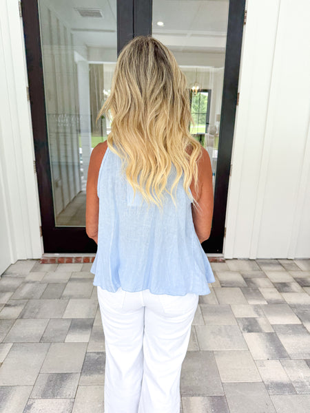 Blue Ruffle Linen Halter Top