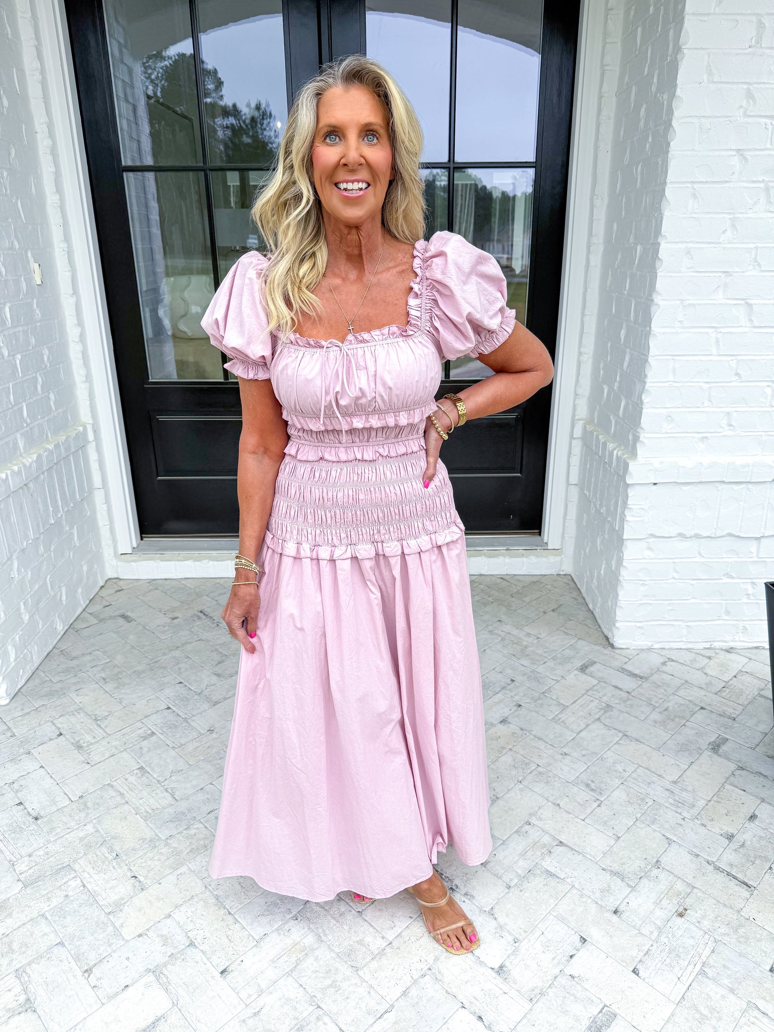Pink Smocked Tiered Midi